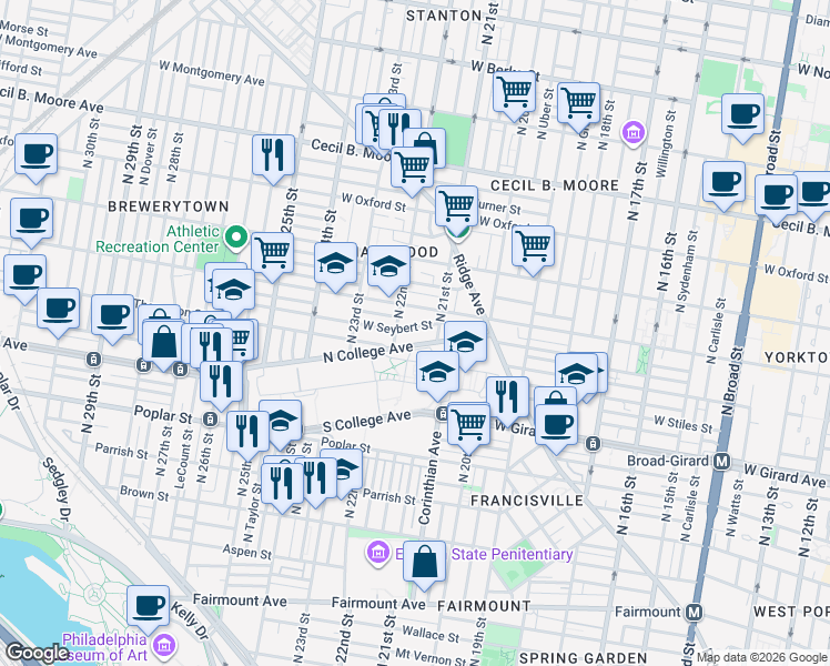 map of restaurants, bars, coffee shops, grocery stores, and more near 2101 North College Avenue in Philadelphia