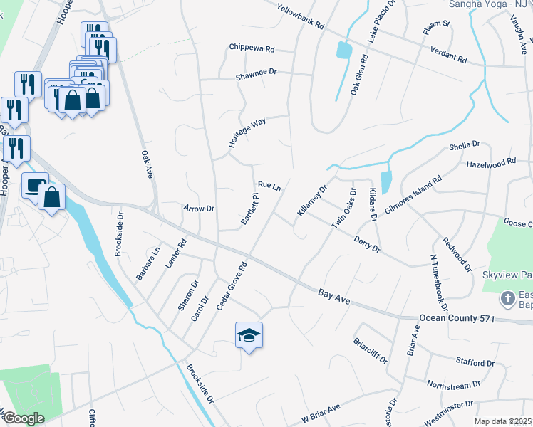 map of restaurants, bars, coffee shops, grocery stores, and more near 324 Cedar Grove Road in Toms River