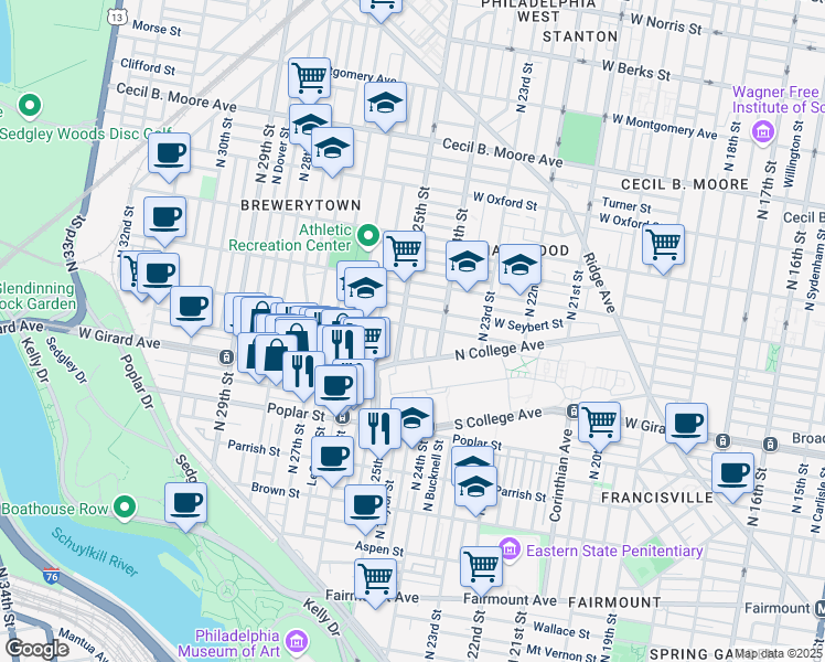 map of restaurants, bars, coffee shops, grocery stores, and more near 1217 North 25th Street in Philadelphia