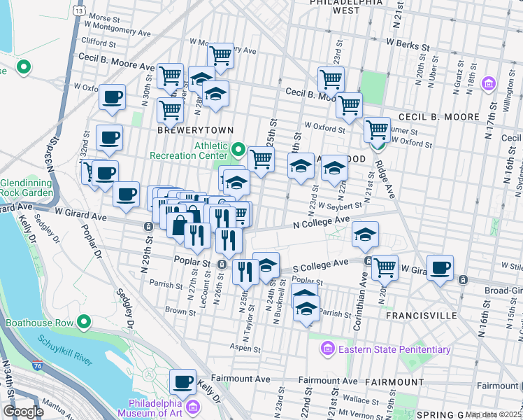 map of restaurants, bars, coffee shops, grocery stores, and more near 1217 North 25th Street in Philadelphia