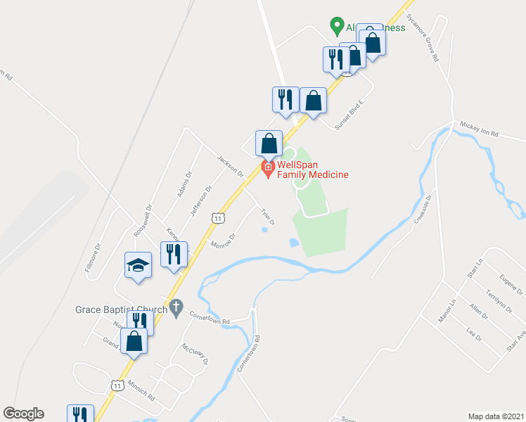 map of restaurants, bars, coffee shops, grocery stores, and more near 61 Tyler Drive in Chambersburg