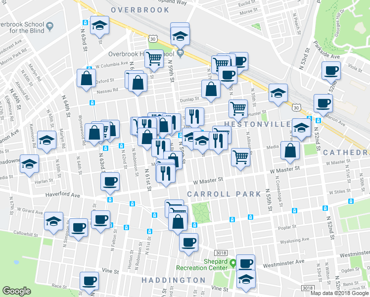 map of restaurants, bars, coffee shops, grocery stores, and more near 1523 North 59th Street in Philadelphia