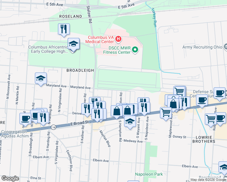 map of restaurants, bars, coffee shops, grocery stores, and more near 138 North Everett Avenue in Columbus