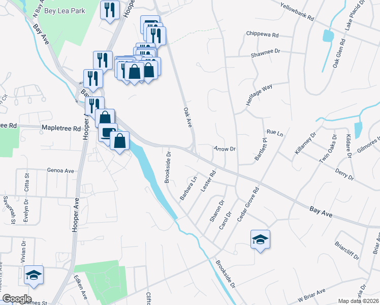 map of restaurants, bars, coffee shops, grocery stores, and more near Bay Ave & Oak Ave in Toms River