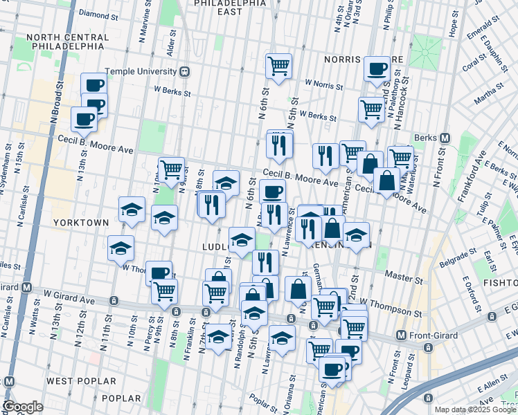 map of restaurants, bars, coffee shops, grocery stores, and more near 1558 North Randolph Street in Philadelphia