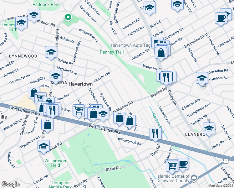map of restaurants, bars, coffee shops, grocery stores, and more near 138 Woodbine Road in Havertown