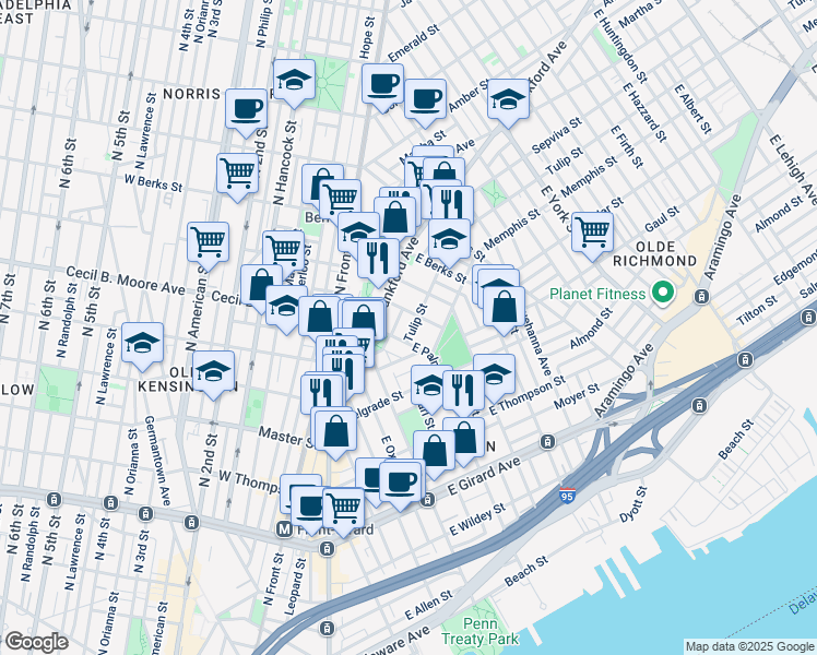 map of restaurants, bars, coffee shops, grocery stores, and more near 1712 Tulip Street in Philadelphia