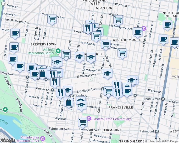 map of restaurants, bars, coffee shops, grocery stores, and more near 2214 West Seybert Street in Philadelphia