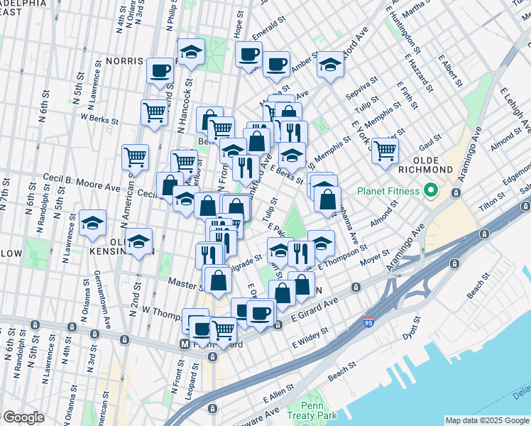 map of restaurants, bars, coffee shops, grocery stores, and more near 1712 Tulip Street in Philadelphia