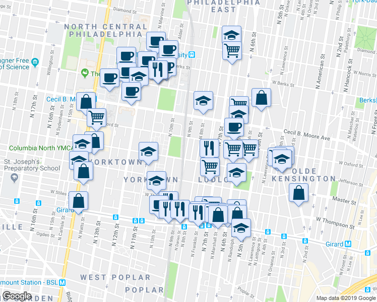 map of restaurants, bars, coffee shops, grocery stores, and more near 1527 North 9th Street in Philadelphia