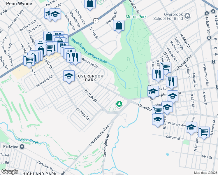 map of restaurants, bars, coffee shops, grocery stores, and more near 7235 Haverford Avenue in Philadelphia