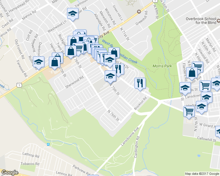 map of restaurants, bars, coffee shops, grocery stores, and more near 7506 Woodbine Avenue in Philadelphia