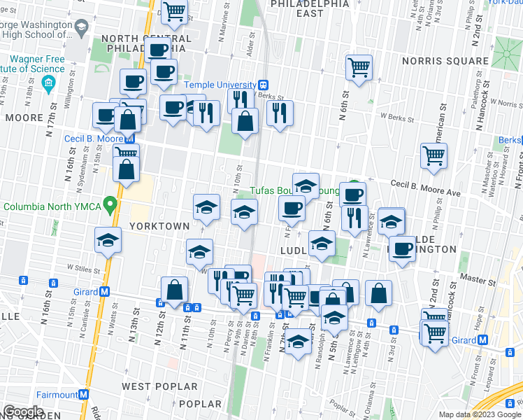 map of restaurants, bars, coffee shops, grocery stores, and more near 1527 North 9th Street in Philadelphia