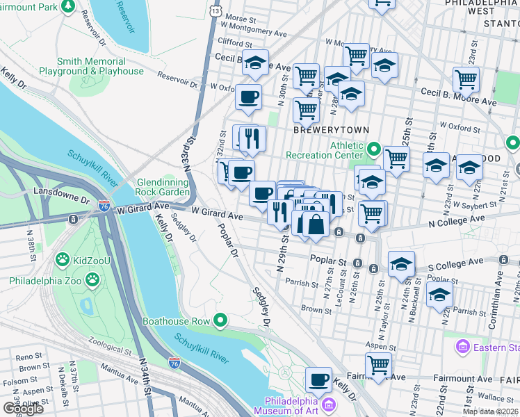 map of restaurants, bars, coffee shops, grocery stores, and more near 2949 West Girard Avenue in Philadelphia