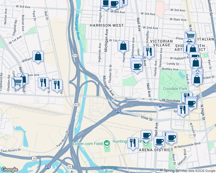 map of restaurants, bars, coffee shops, grocery stores, and more near 720 Michigan Avenue in Columbus