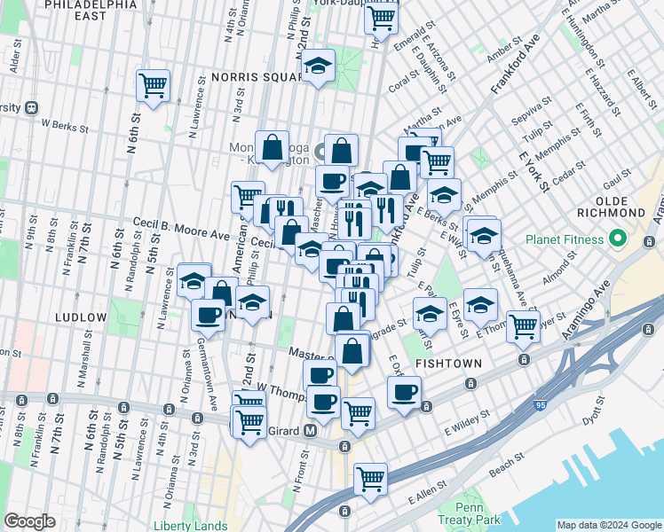 map of restaurants, bars, coffee shops, grocery stores, and more near 101 Cecil B. Moore Avenue in Philadelphia