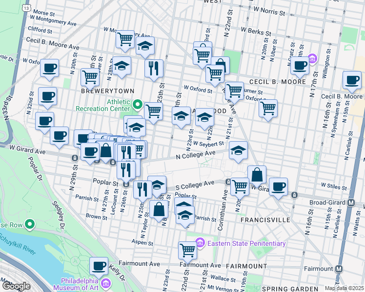 map of restaurants, bars, coffee shops, grocery stores, and more near 2317 West Thompson Street in Philadelphia
