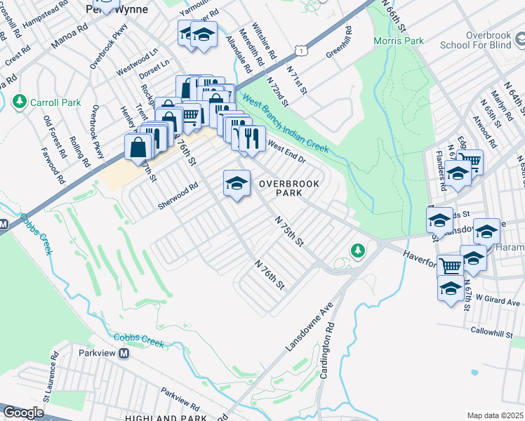 map of restaurants, bars, coffee shops, grocery stores, and more near 7506 Woodbine Avenue in Philadelphia