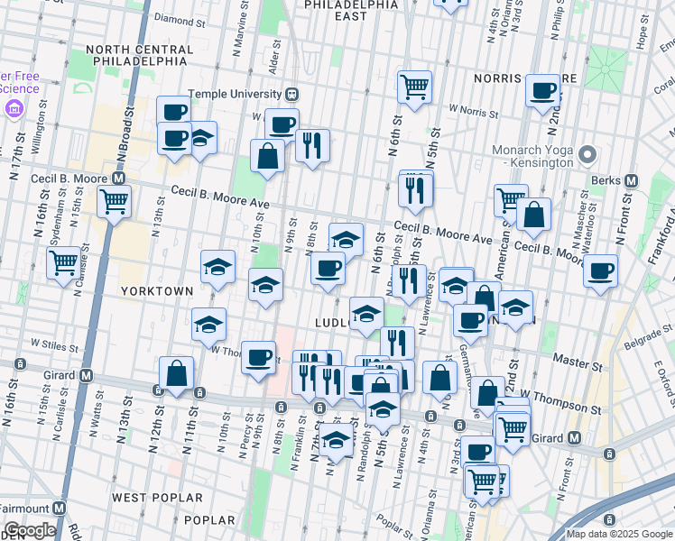 map of restaurants, bars, coffee shops, grocery stores, and more near 1532 North 7th Street in Philadelphia