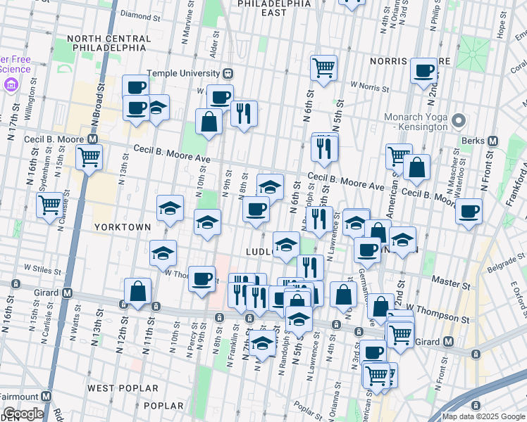 map of restaurants, bars, coffee shops, grocery stores, and more near 1517 North 7th Street in Philadelphia