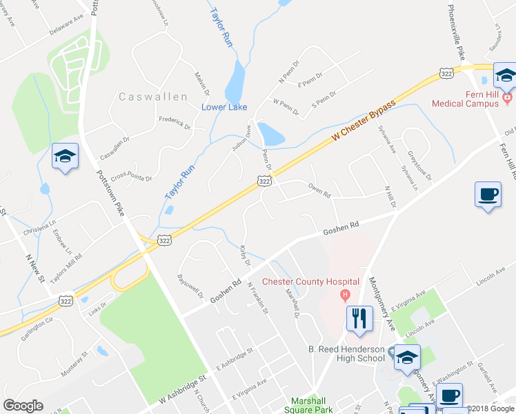 map of restaurants, bars, coffee shops, grocery stores, and more near 939 Kirby Drive in West Chester