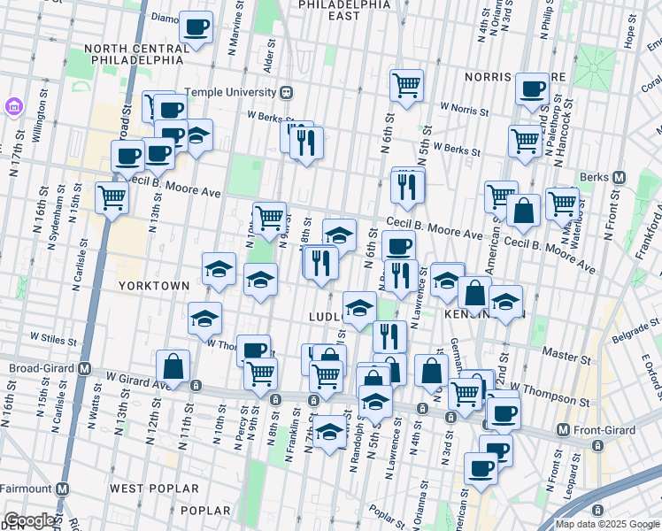 map of restaurants, bars, coffee shops, grocery stores, and more near 1532 North 7th Street in Philadelphia