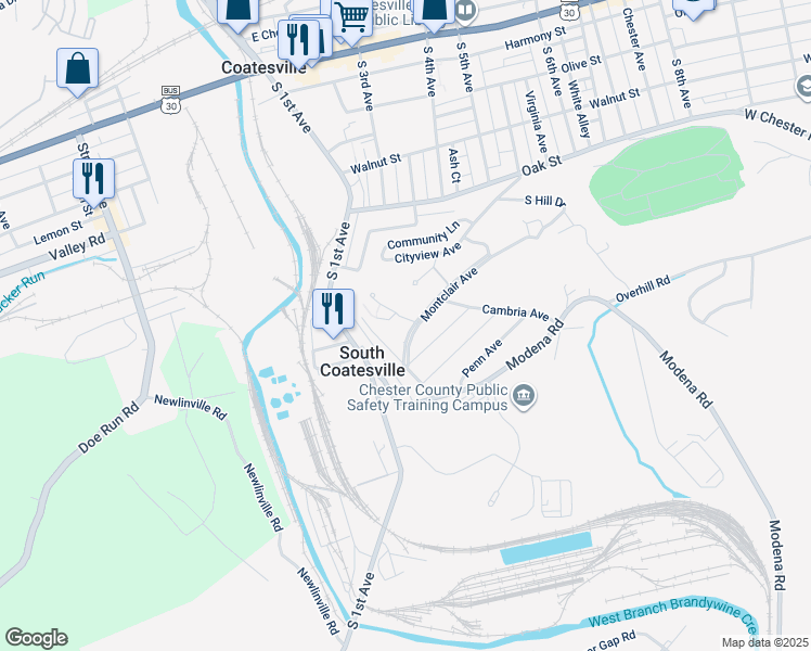 map of restaurants, bars, coffee shops, grocery stores, and more near 18 Montclair Avenue in Coatesville