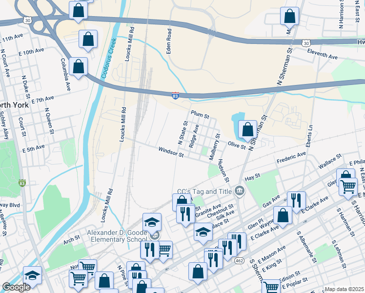 map of restaurants, bars, coffee shops, grocery stores, and more near 623 North State Street in York