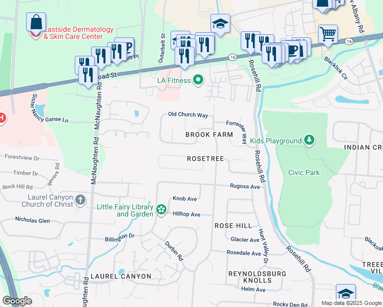 map of restaurants, bars, coffee shops, grocery stores, and more near 6467 Firethorn Avenue in Reynoldsburg