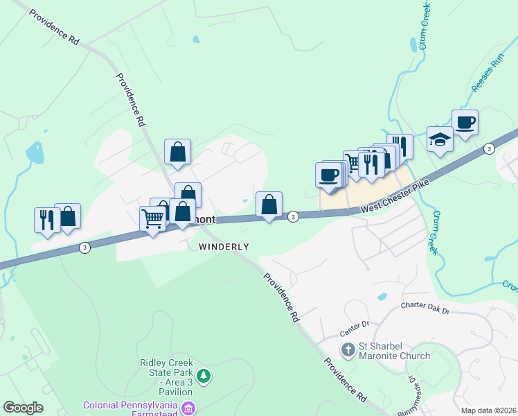 map of restaurants, bars, coffee shops, grocery stores, and more near 4949 West Chester Pike in Newtown Square