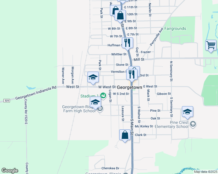 map of restaurants, bars, coffee shops, grocery stores, and more near 414 W West St in Georgetown
