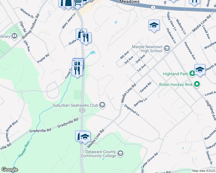 map of restaurants, bars, coffee shops, grocery stores, and more near 3527 Muirwood Drive in Newtown Square