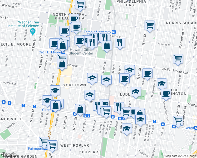 map of restaurants, bars, coffee shops, grocery stores, and more near 1519 North Jefferson Lane in Philadelphia