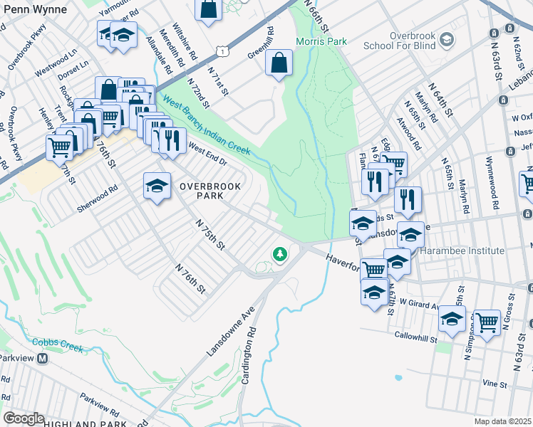 map of restaurants, bars, coffee shops, grocery stores, and more near 1332 Pennwood Road in Philadelphia