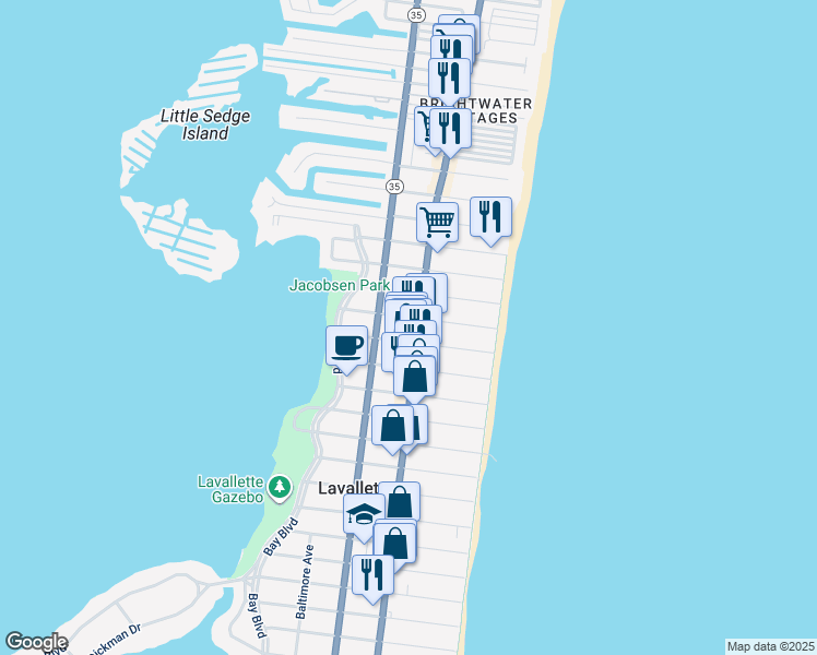 map of restaurants, bars, coffee shops, grocery stores, and more near 402 Grand Central Avenue in Lavallette