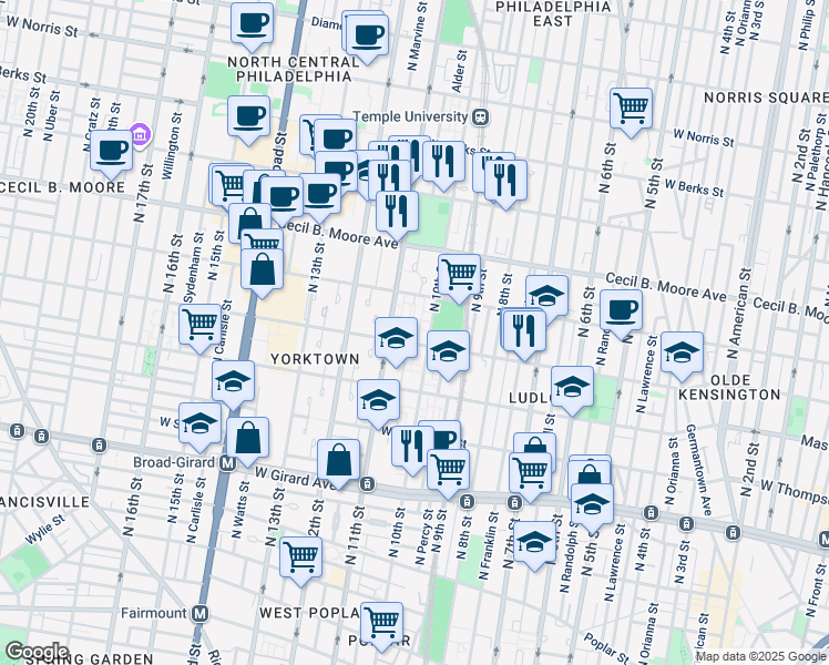 map of restaurants, bars, coffee shops, grocery stores, and more near 1519 North Jefferson Lane in Philadelphia