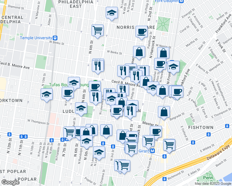 map of restaurants, bars, coffee shops, grocery stores, and more near 1605 Cadwallader Street in Philadelphia