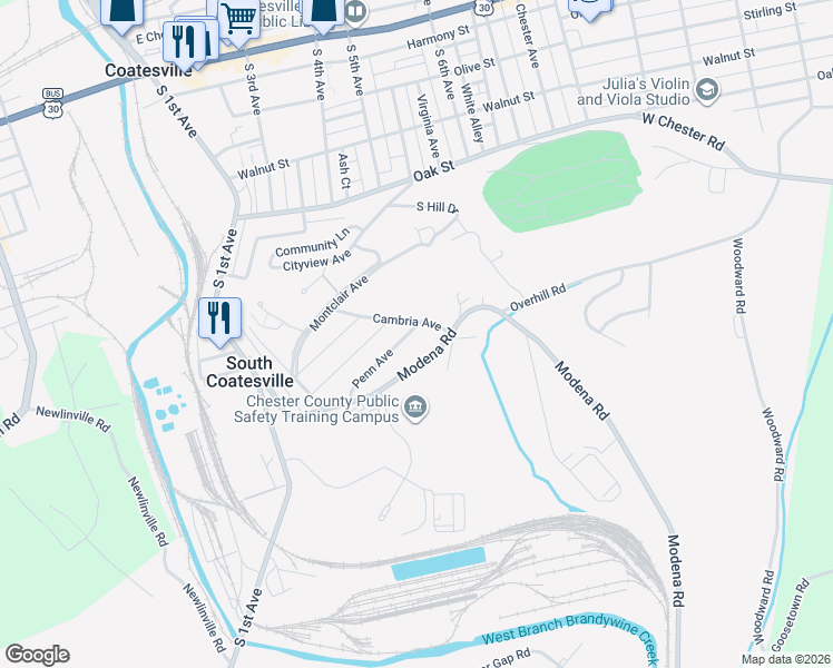 map of restaurants, bars, coffee shops, grocery stores, and more near 1 Cambria Avenue in Coatesville