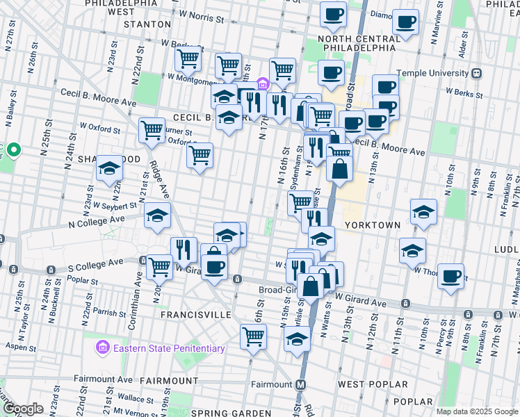map of restaurants, bars, coffee shops, grocery stores, and more near 1402 North Willington Street in Philadelphia