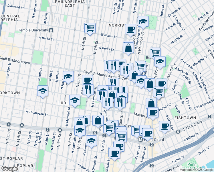 map of restaurants, bars, coffee shops, grocery stores, and more near 1605 Cadwallader Street in Philadelphia
