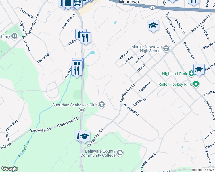 map of restaurants, bars, coffee shops, grocery stores, and more near 3527 Muirwood Drive in Newtown Square
