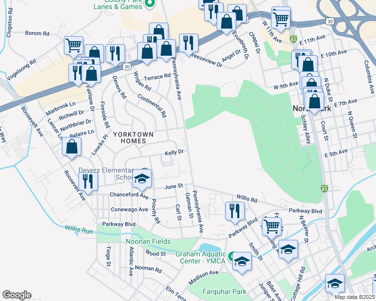 map of restaurants, bars, coffee shops, grocery stores, and more near 1098 Pennsylvania Avenue in York