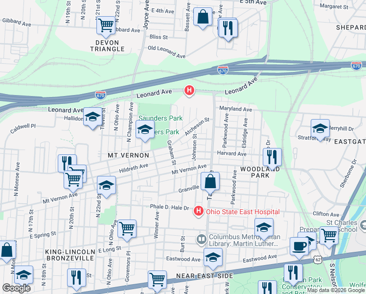 map of restaurants, bars, coffee shops, grocery stores, and more near 1462 Hildreth Avenue in Columbus