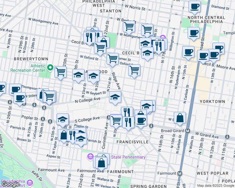 map of restaurants, bars, coffee shops, grocery stores, and more near 2031 North College Avenue in Philadelphia