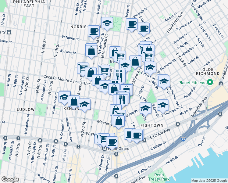 map of restaurants, bars, coffee shops, grocery stores, and more near 101 Cecil B. Moore Avenue in Philadelphia