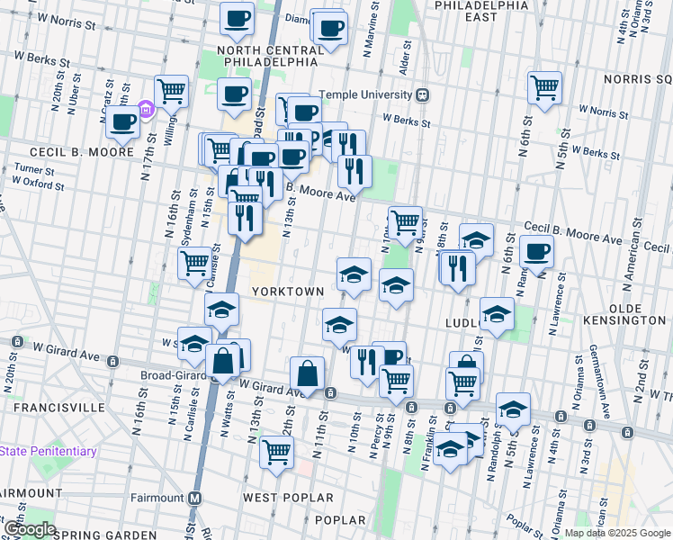 map of restaurants, bars, coffee shops, grocery stores, and more near 1113 West Jefferson Street in Philadelphia