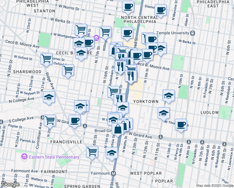 map of restaurants, bars, coffee shops, grocery stores, and more near 1417 North 15th Street in Philadelphia