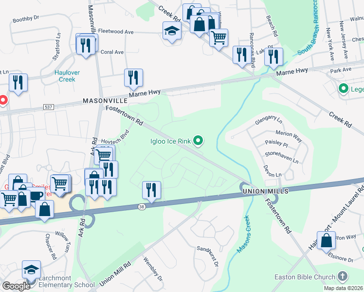 map of restaurants, bars, coffee shops, grocery stores, and more near 3044 Fostertown Road in Mount Laurel Township