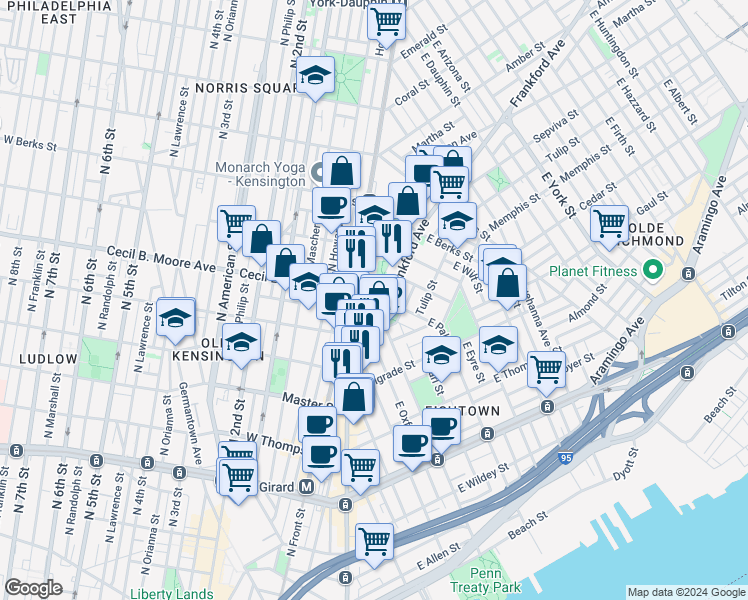 map of restaurants, bars, coffee shops, grocery stores, and more near 1712 Frankford Avenue in Philadelphia
