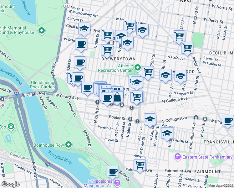 map of restaurants, bars, coffee shops, grocery stores, and more near 2724 West Cabot Street in Philadelphia
